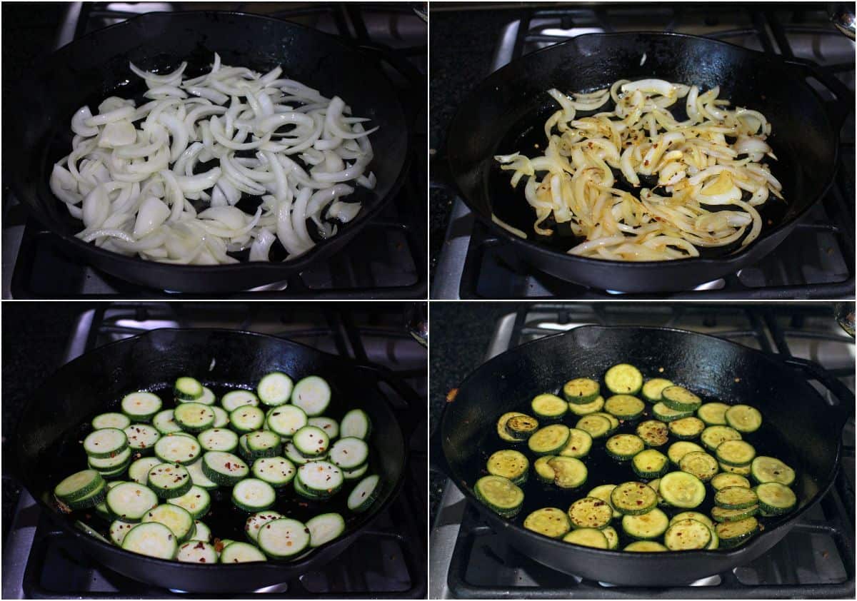 Onions and zucchini cooking in a cast iron pan