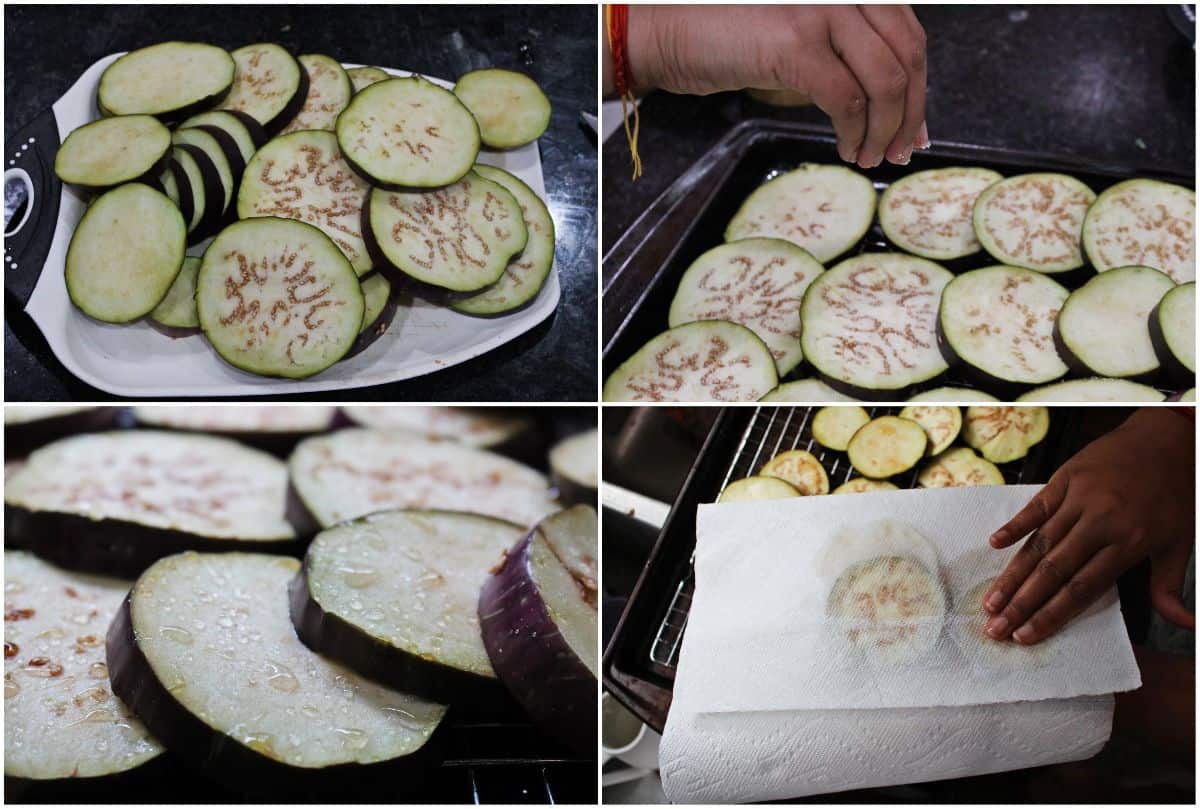 slicing eggplant, adding salt and drying the slices