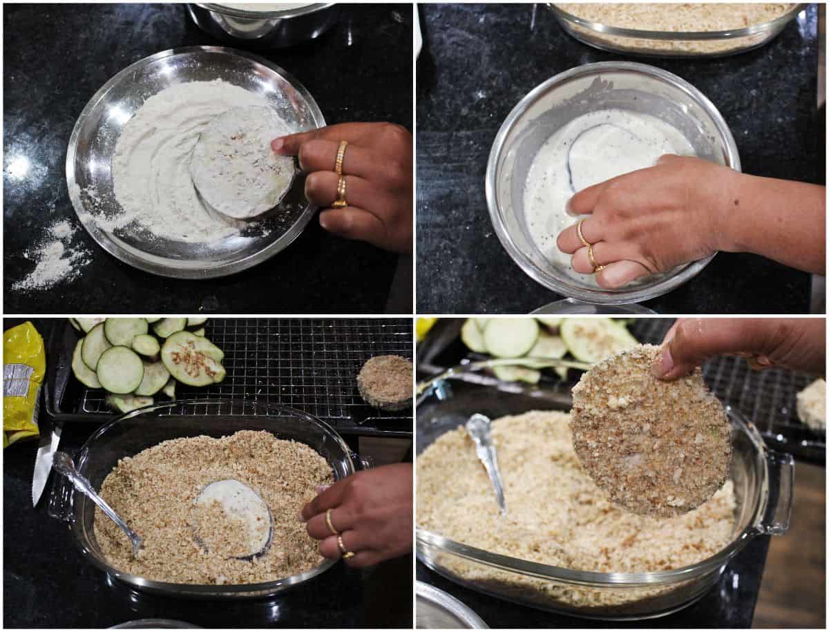 step by step process to bread the eggplant cutlet