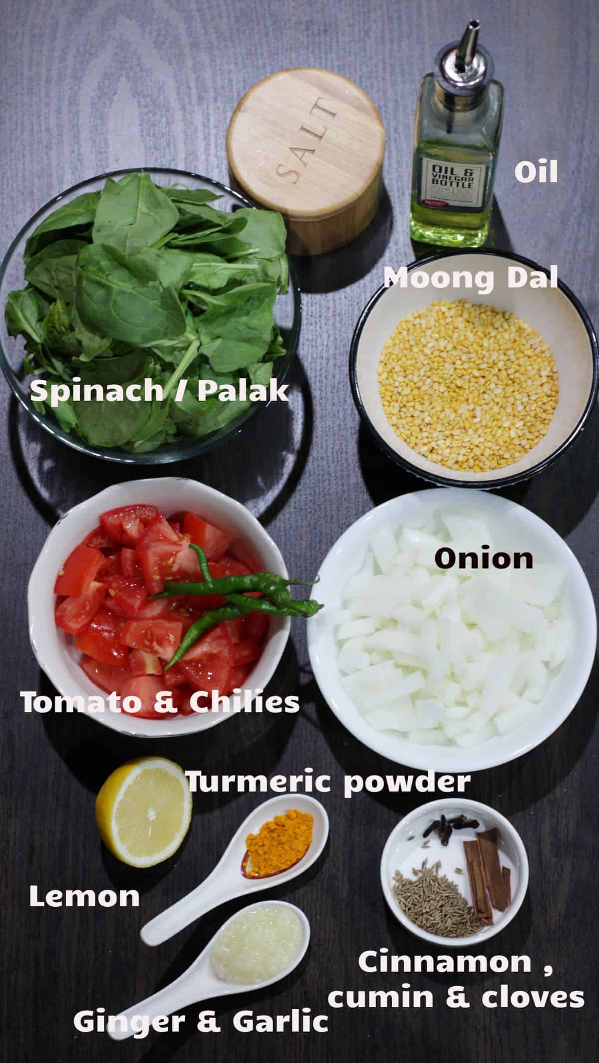 Ingredients labeled for dal palak