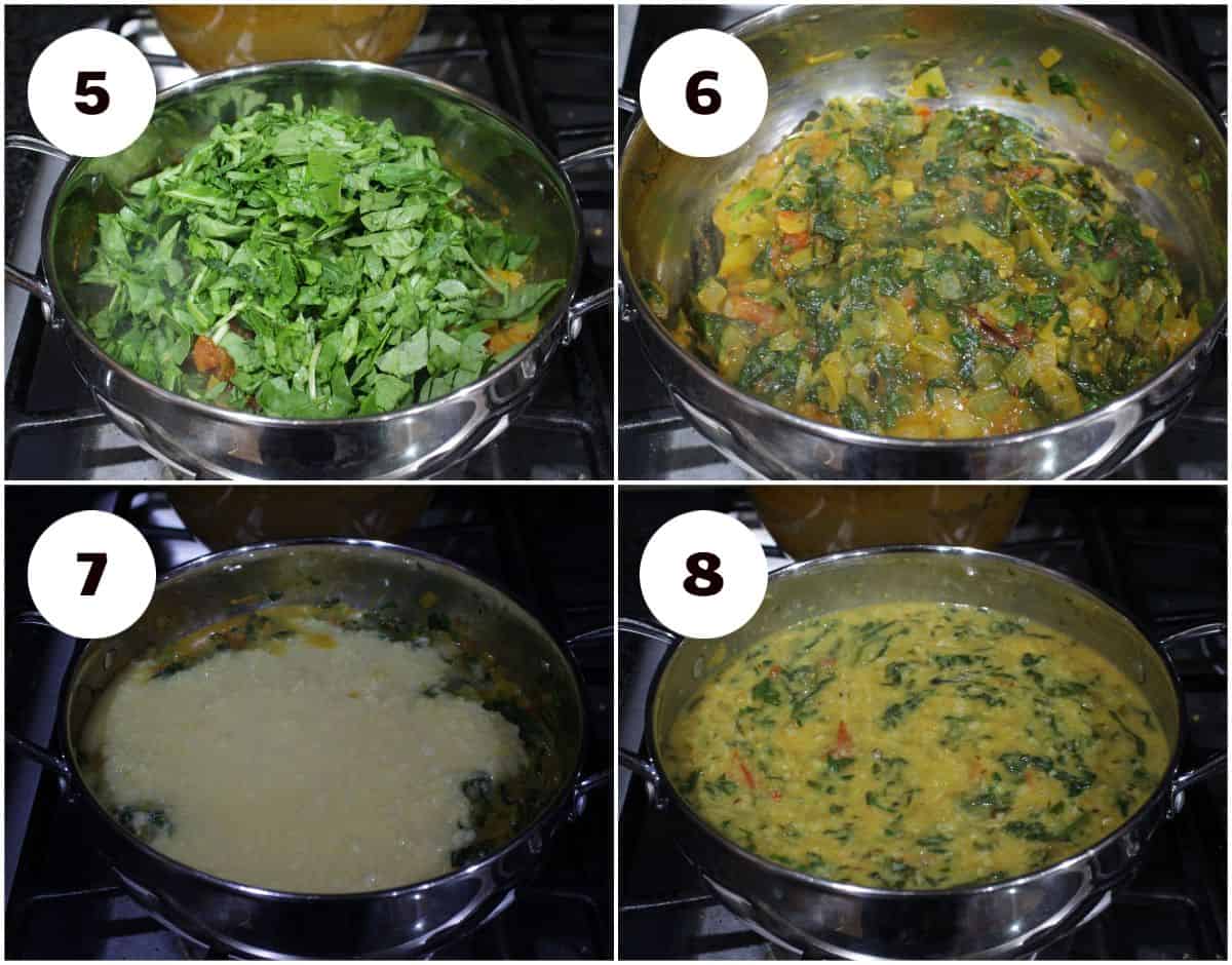 process shot for cooking spinach and dal.